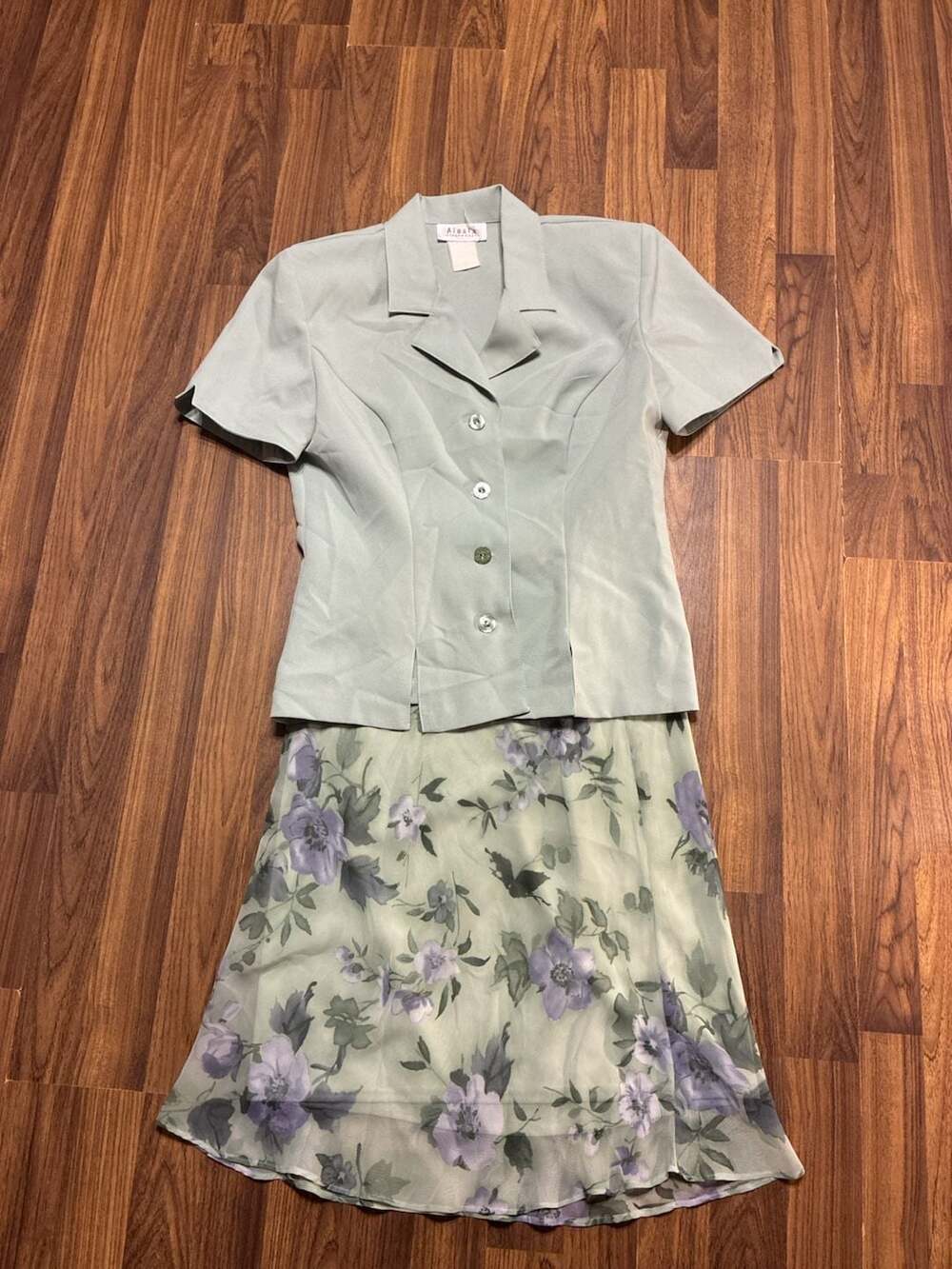 Alesia International Women's Two-Piece Sage Green Jacket and Floral Skirt Set